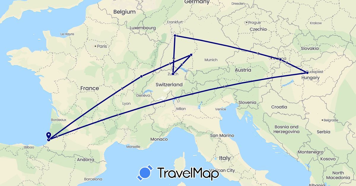 TravelMap itinerary: driving in Switzerland, Germany, France, Hungary, Slovakia (Europe)